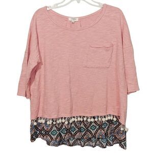 Umgee Womens Pink Boho Tshirt with Pom Pom Trim Size S‎